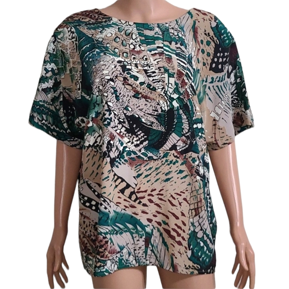 Vintage Caviar Large‎ 80s Abstract Crew Neck Short Sleeve Blouse Top green/Tan